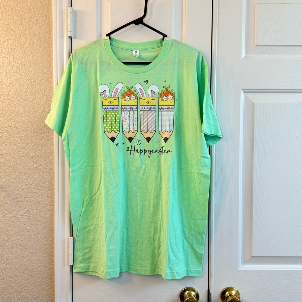 Happy Easter Cute Spring Green‎ Teacher Shirt With Easter theme Pencils Size L